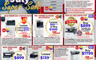 Bay Copy & Data 4th of July Multifunctional Copier Sale flyer featuring lease and purchase deals on Xerox office equipment, including Altalink, Primelink, and Versalink models with free delivery in the Tampa Bay area.