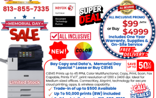 Promotional flyer for Bay Copy and Data's 2026 Memorial Day Sale in Tampa Bay, featuring a new Xerox AltaLink C8145 color MFP copier. Text displays a super deal to lease for $99 a month or buy for $4,999, featuring a 50% discount, all-inclusive warranty, supplies, on-site service, free delivery, up to $500 trade-in credit, and up to 50,000 black and white prints included. Call 813-855-7335 or visit baycopydata.com.