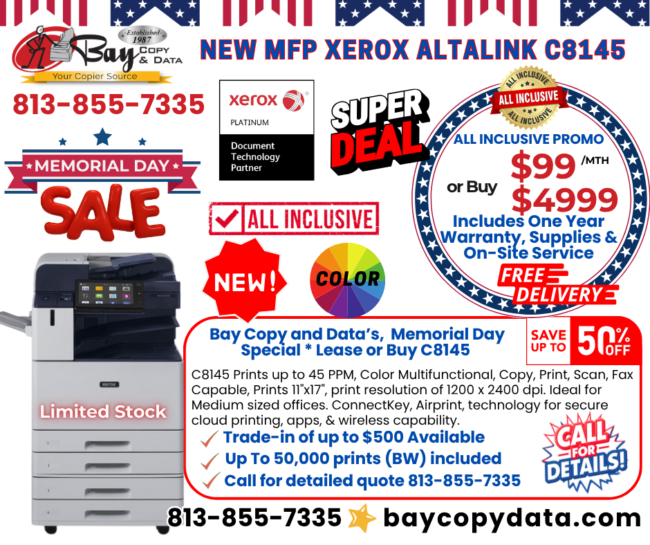 Promotional flyer for Bay Copy and Data's 2026 Memorial Day Sale in Tampa Bay, featuring a new Xerox AltaLink C8145 color MFP copier. Text displays a super deal to lease for $99 a month or buy for $4,999, featuring a 50% discount, all-inclusive warranty, supplies, on-site service, free delivery, up to $500 trade-in credit, and up to 50,000 black and white prints included. Call 813-855-7335 or visit baycopydata.com.