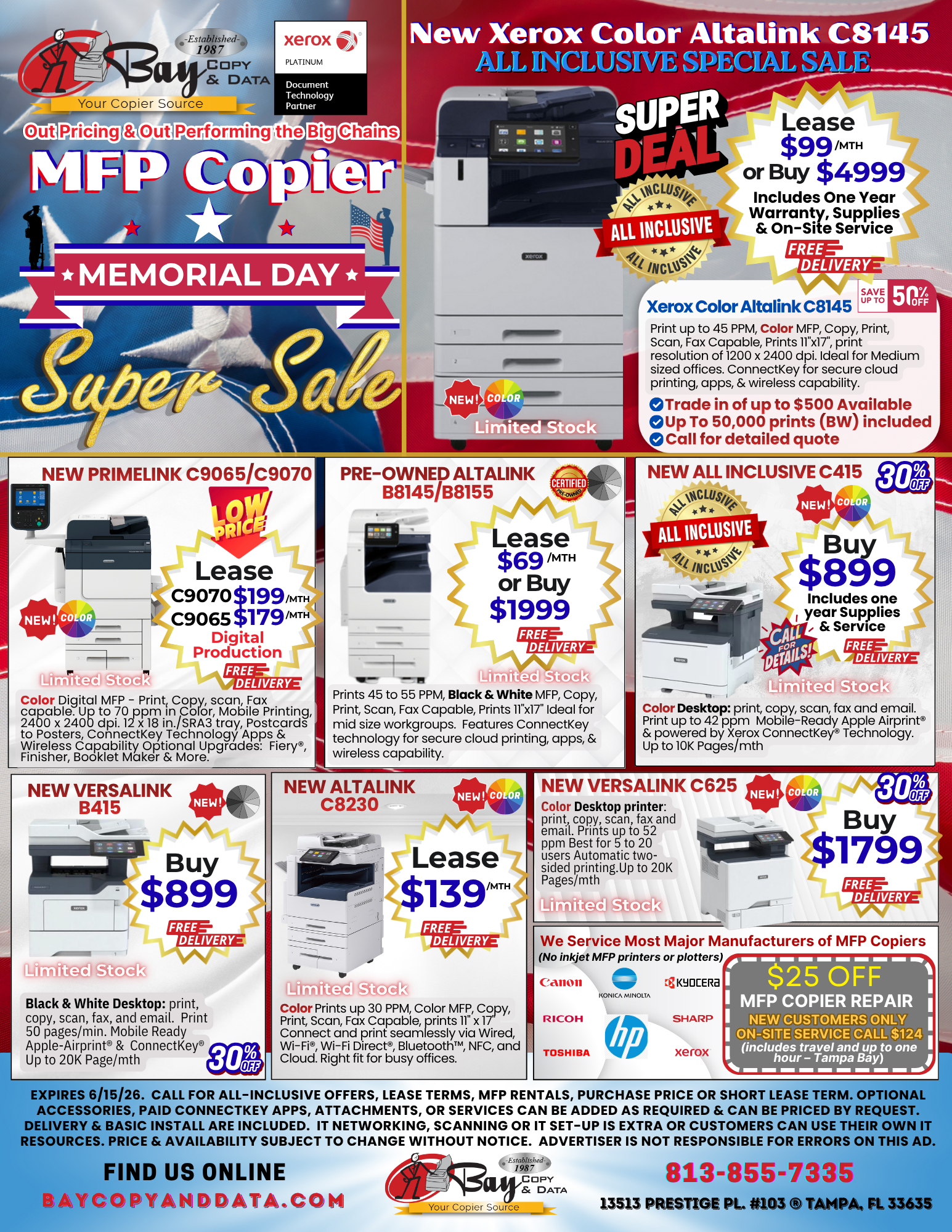Xerox AltaLink C8145 Color MFP lease special for $99 per month at Bay Copy and Data Tampa.